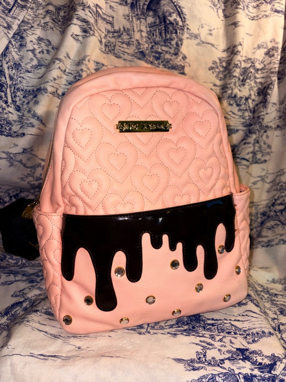 Betsey Johnson Pastel Pink Quilted Hearts Jewelled Backpack